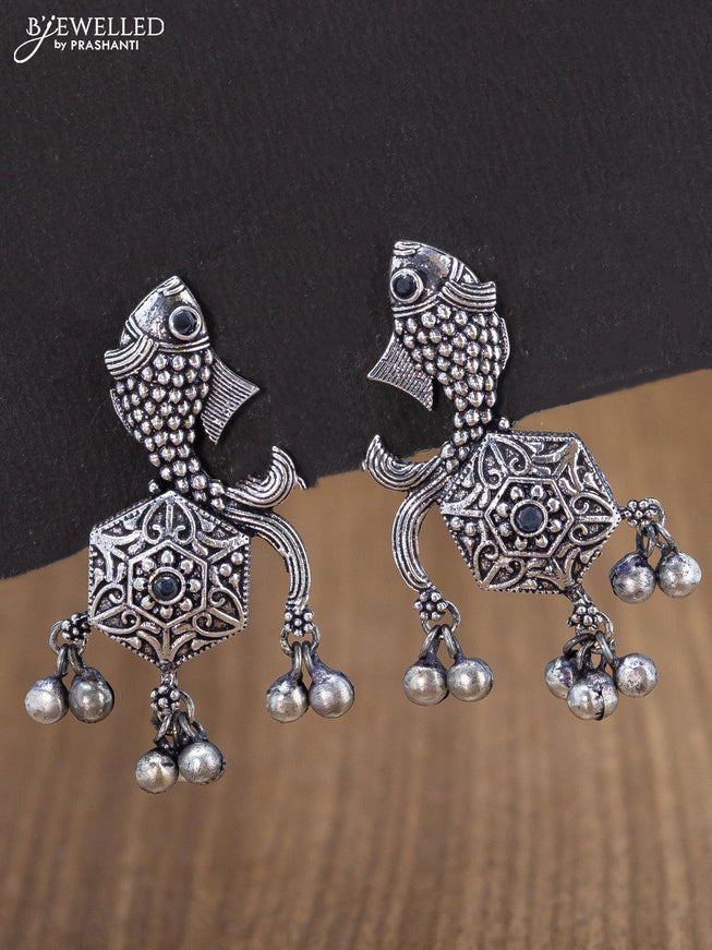 Oxidised earring fish design with sapphire stone and hangings - {{ collection.title }} by Prashanti Sarees