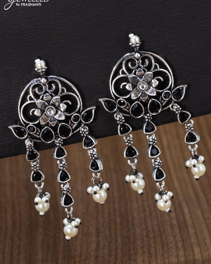 Oxidised earring floral design with black stone and pearl hangings - {{ collection.title }} by Prashanti Sarees