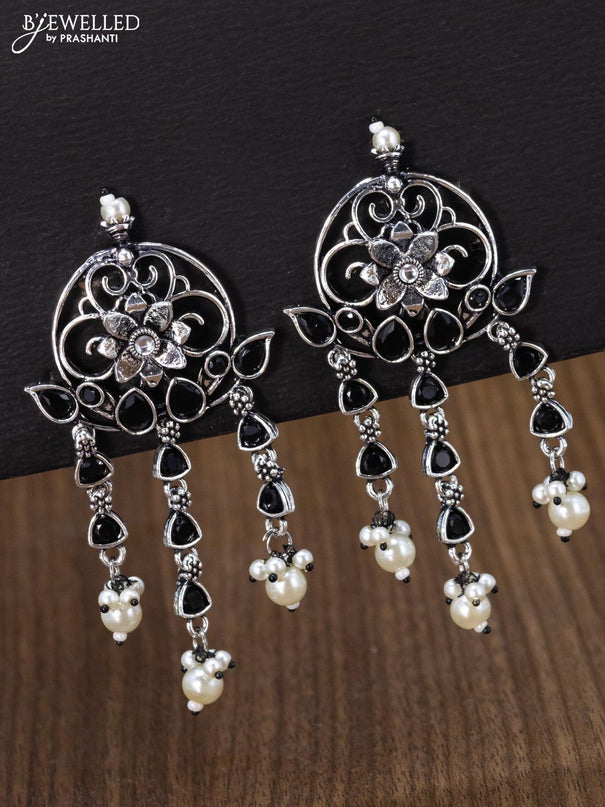 Oxidised earring floral design with black stone and pearl hangings - {{ collection.title }} by Prashanti Sarees