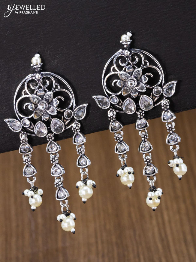 Oxidised earring floral design with cz stone and pearl hangings - {{ collection.title }} by Prashanti Sarees