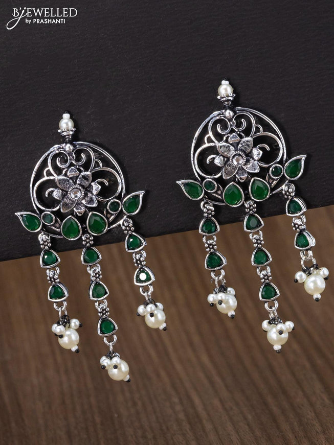 Oxidised earring floral design with emerald stone and pearl hangings - {{ collection.title }} by Prashanti Sarees