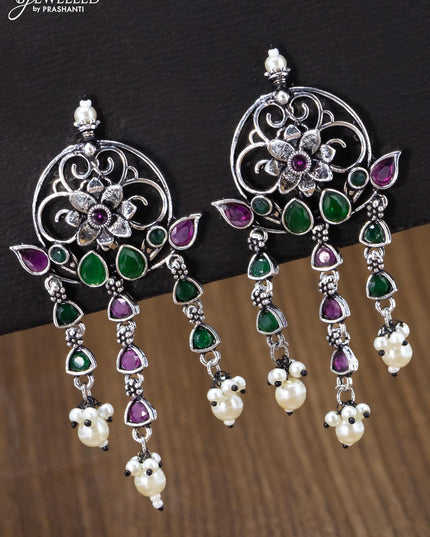 Oxidised earring floral design with kemp stone and pearl hangings - {{ collection.title }} by Prashanti Sarees