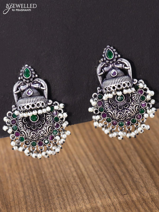 Oxidised earring floral design with kemp stone and pearl hangings - {{ collection.title }} by Prashanti Sarees