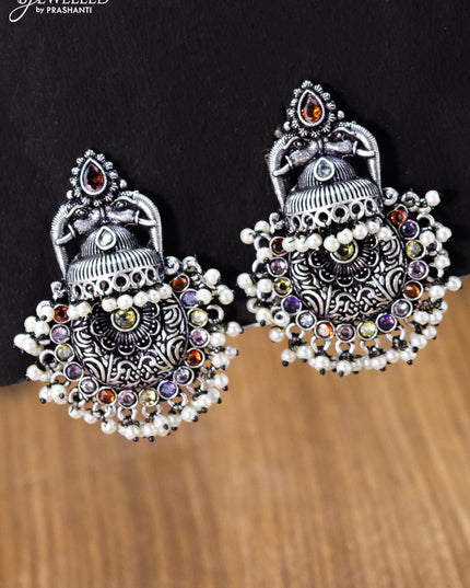 Oxidised earring floral design with multicolour stone and pearl hangings - {{ collection.title }} by Prashanti Sarees