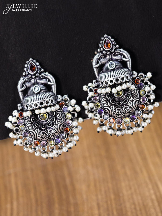 Oxidised earring floral design with multicolour stone and pearl hangings - {{ collection.title }} by Prashanti Sarees