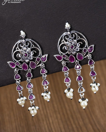 Oxidised earring floral design with pink kemp stone and pearl hangings - {{ collection.title }} by Prashanti Sarees