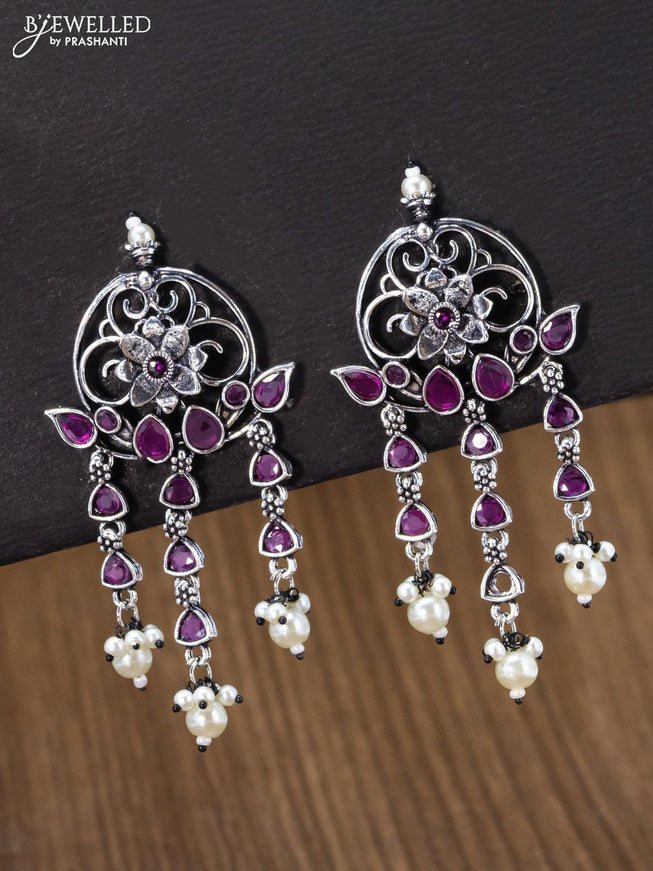 Oxidised earring floral design with pink kemp stone and pearl hangings - {{ collection.title }} by Prashanti Sarees