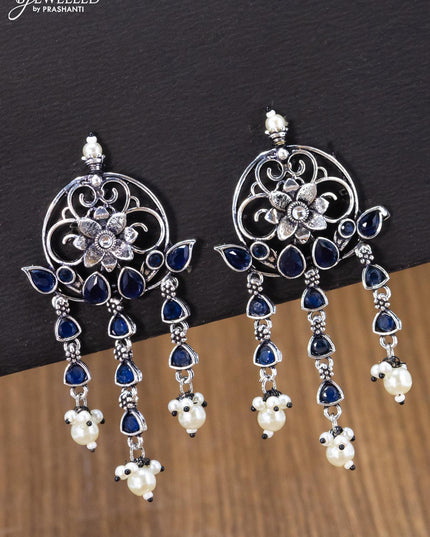 Oxidised earring floral design with sapphire stone and pearl hangings - {{ collection.title }} by Prashanti Sarees