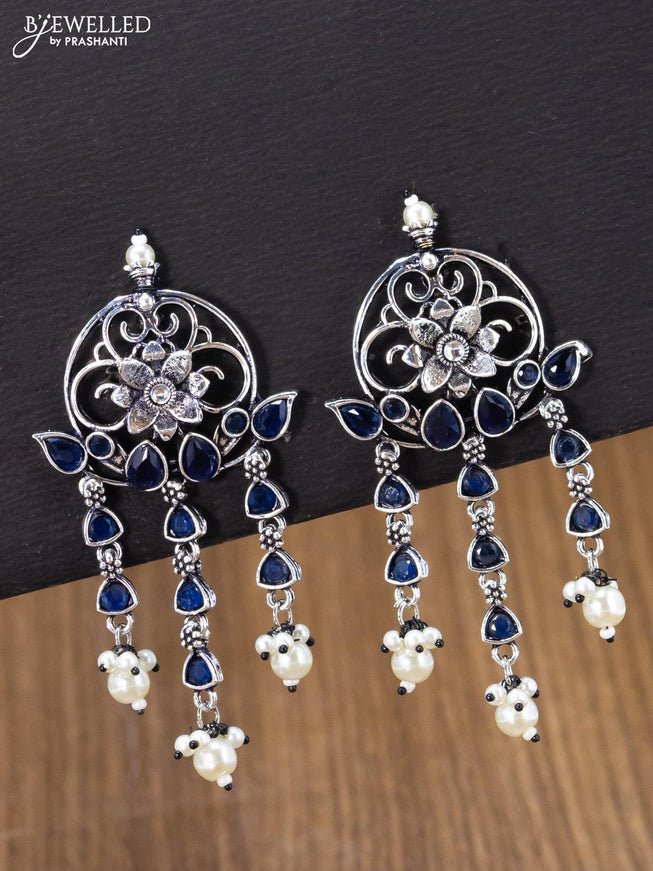 Oxidised earring floral design with sapphire stone and pearl hangings - {{ collection.title }} by Prashanti Sarees