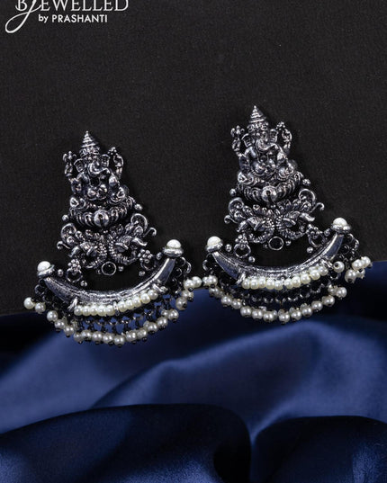 Oxidised Earrings ganesha design with black stones and pearl hangings - {{ collection.title }} by Prashanti Sarees
