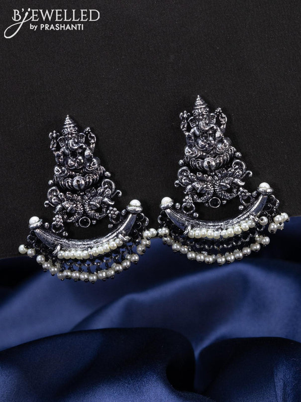 Oxidised Earrings ganesha design with black stones and pearl hangings - {{ collection.title }} by Prashanti Sarees