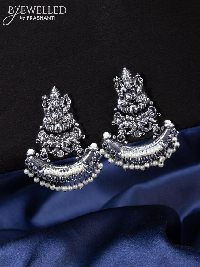 Oxidised Earrings ganesha design with cz stones and pearl hangings - {{ collection.title }} by Prashanti Sarees