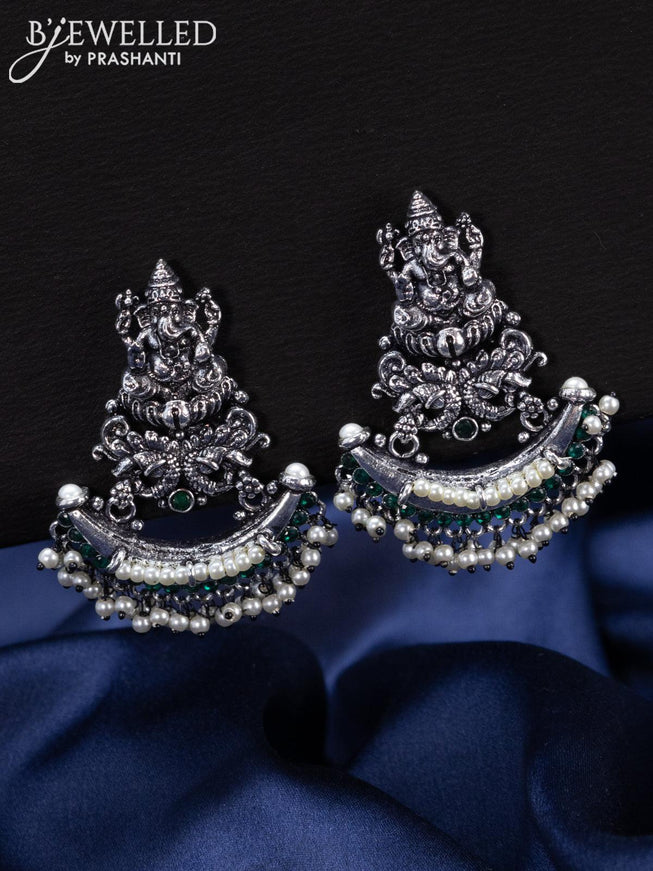 Oxidised Earrings ganesha design with emerald stones and pearl hangings - {{ collection.title }} by Prashanti Sarees