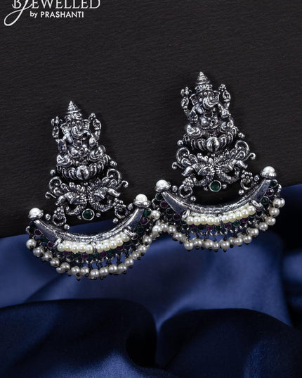 Oxidised Earrings ganesha design with kemp stones and pearl hangings - {{ collection.title }} by Prashanti Sarees