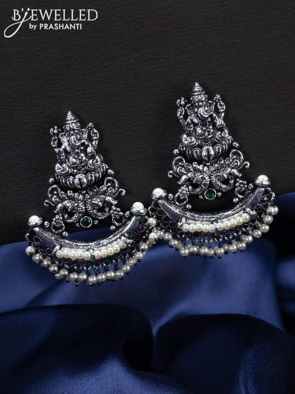 Oxidised Earrings ganesha design with kemp stones and pearl hangings - {{ collection.title }} by Prashanti Sarees