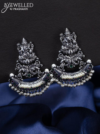 Oxidised Earrings ganesha design with kemp stones and pearl hangings