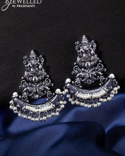 Oxidised Earrings ganesha design with ruby & cz stones and pearl hangings - {{ collection.title }} by Prashanti Sarees