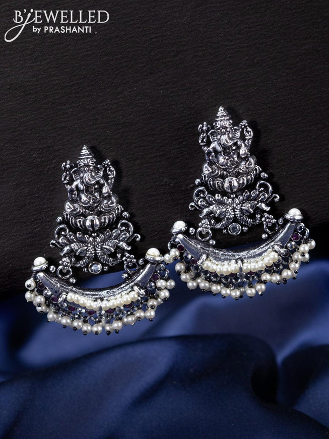 Oxidised Earrings ganesha design with ruby & cz stones and pearl hangings - {{ collection.title }} by Prashanti Sarees