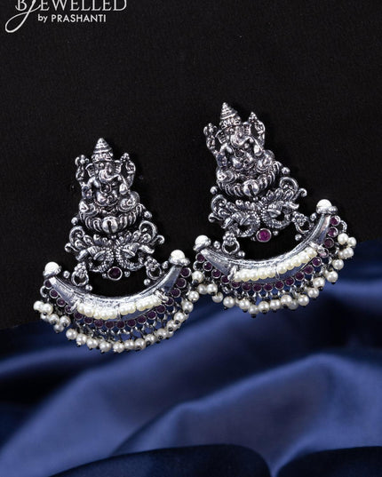 Oxidised Earrings ganesha design with ruby stones and pearl hangings - {{ collection.title }} by Prashanti Sarees
