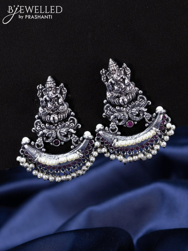 Oxidised Earrings ganesha design with ruby stones and pearl hangings - {{ collection.title }} by Prashanti Sarees