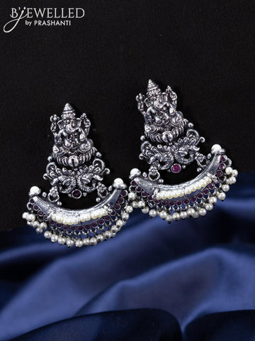 Oxidised Earrings ganesha design with ruby stones and pearl hangings