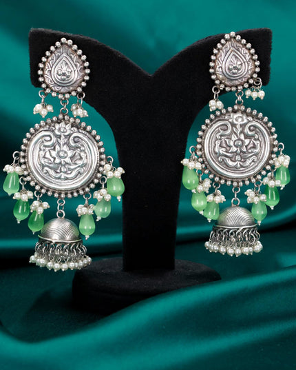 Oxidised floral design earring with light green monalisa beads hangings - {{ collection.title }} by Prashanti Sarees