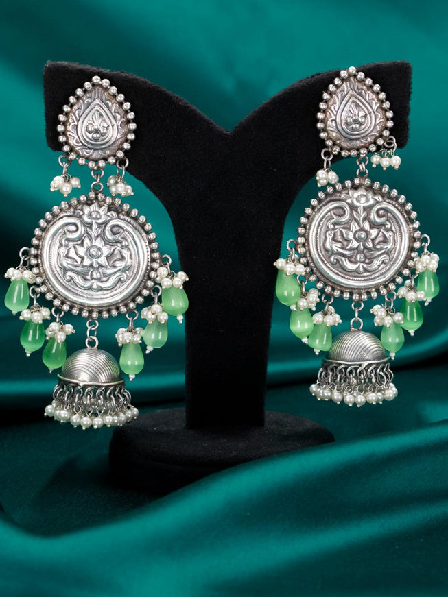Oxidised floral design earring with light green monalisa beads hangings - {{ collection.title }} by Prashanti Sarees