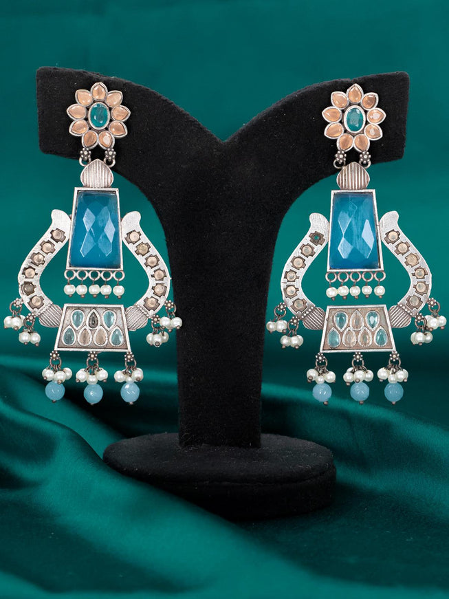 Oxidised floral design earring with peach and blue stone - {{ collection.title }} by Prashanti Sarees