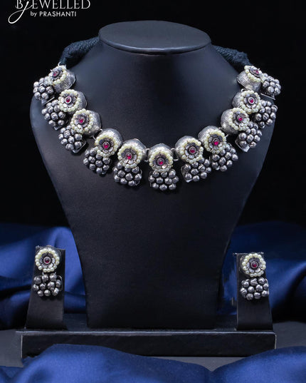 Oxidised floral design necklace with kemp stones and pearls - {{ collection.title }} by Prashanti Sarees