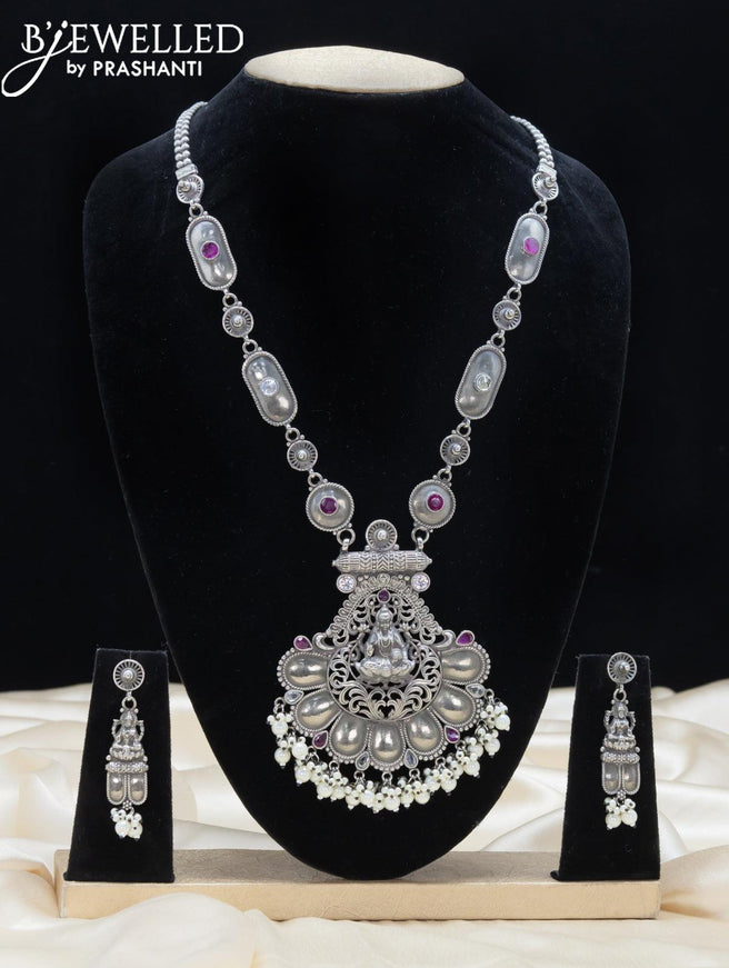 Oxidised haaram with pink kemp stone and lakshmi pendant - {{ collection.title }} by Prashanti Sarees
