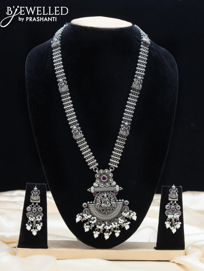 Oxidised haaram with pink kemp stone and lakshmi pendant - {{ collection.title }} by Prashanti Sarees