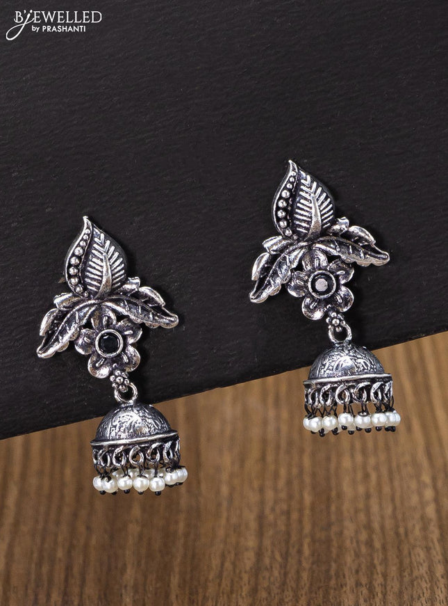 Oxidised jhumka floral & leaf design with black stones and pearl hangings - {{ collection.title }} by Prashanti Sarees