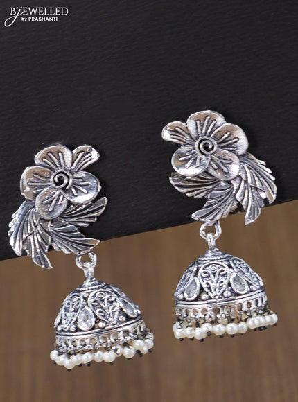 Oxidised jhumka floral & leaf design with cz stones and pearl hangings - {{ collection.title }} by Prashanti Sarees