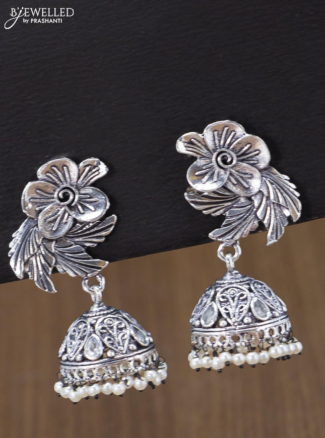 Oxidised jhumka floral & leaf design with cz stones and pearl hangings - {{ collection.title }} by Prashanti Sarees