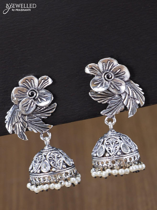 Oxidised jhumka floral & leaf design with cz stones and pearl hangings - {{ collection.title }} by Prashanti Sarees