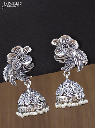 Oxidised jhumka floral & leaf design with cz stones and pearl hangings