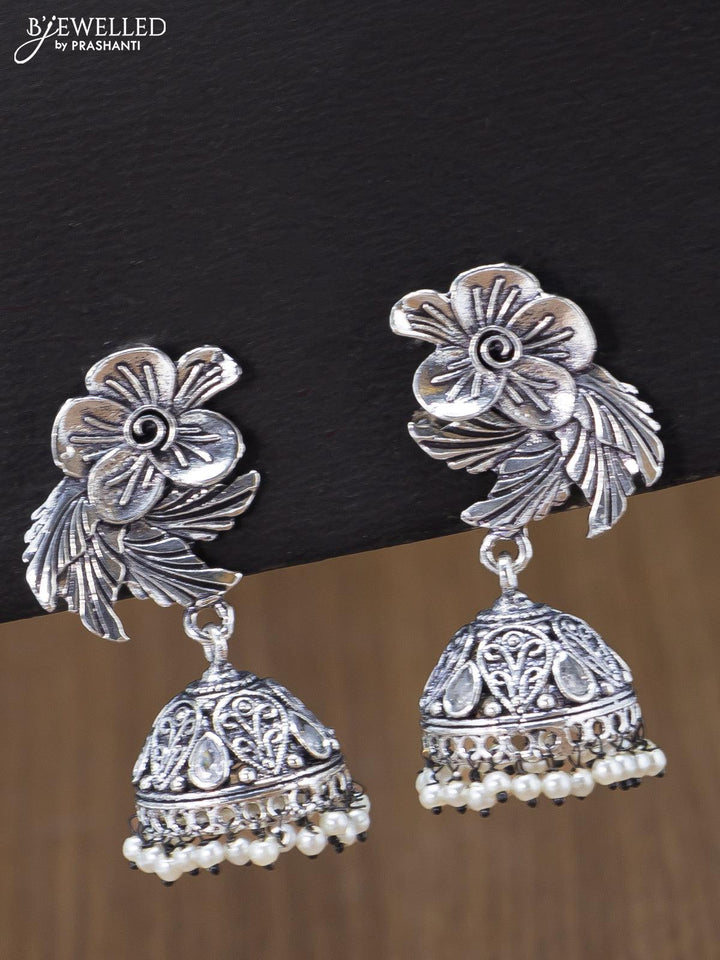 Oxidised jhumka floral & leaf design with cz stones and pearl hangings - {{ collection.title }} by Prashanti Sarees
