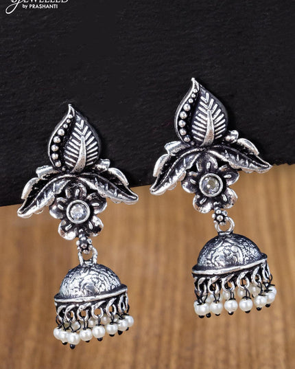 Oxidised jhumka floral & leaf design with cz stones and pearl hangings - {{ collection.title }} by Prashanti Sarees