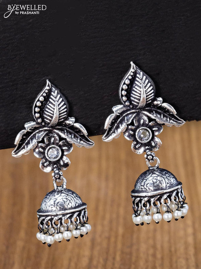 Oxidised jhumka floral & leaf design with cz stones and pearl hangings - {{ collection.title }} by Prashanti Sarees