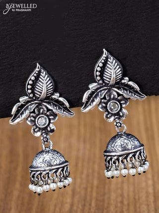 Oxidised jhumka floral & leaf design with cz stones and pearl hangings