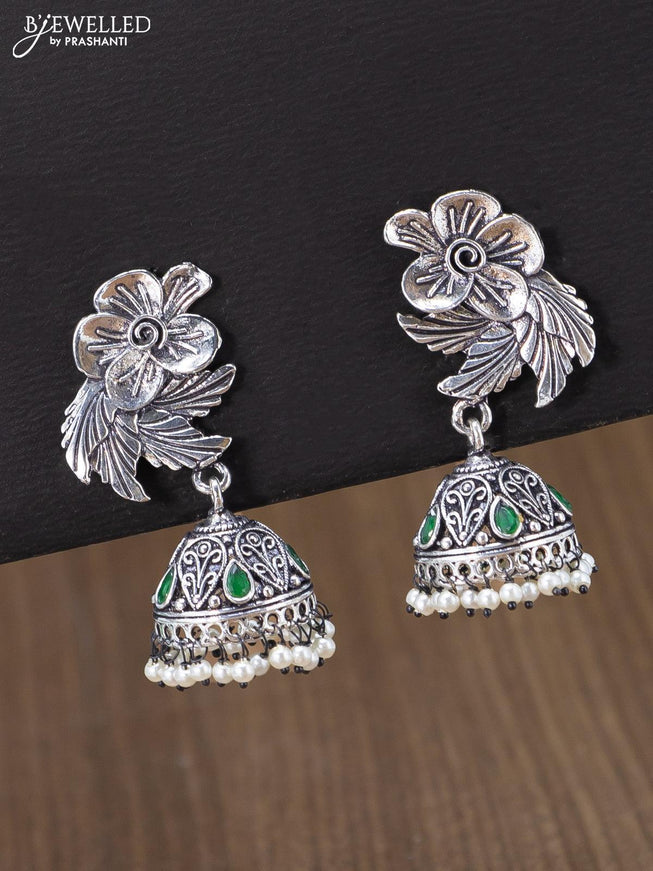 Oxidised jhumka floral & leaf design with emerald stones and pearl hangings - {{ collection.title }} by Prashanti Sarees