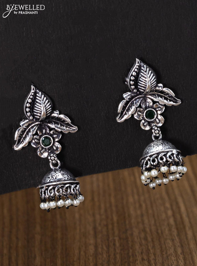Oxidised jhumka floral & leaf design with emerald stones and pearl hangings - {{ collection.title }} by Prashanti Sarees