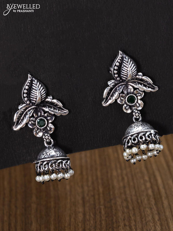 Oxidised jhumka floral & leaf design with emerald stones and pearl hangings - {{ collection.title }} by Prashanti Sarees