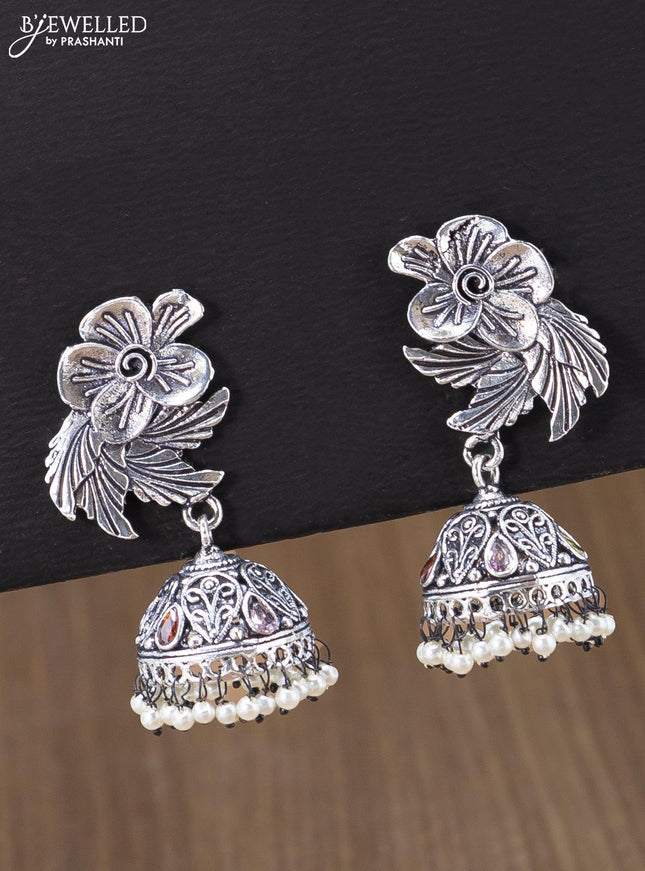Oxidised jhumka floral & leaf design with multicolour stones and pearl hangings - {{ collection.title }} by Prashanti Sarees
