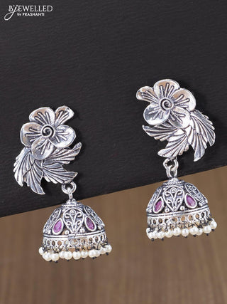 Oxidised jhumka floral & leaf design with pink kemp stones and pearl hangings