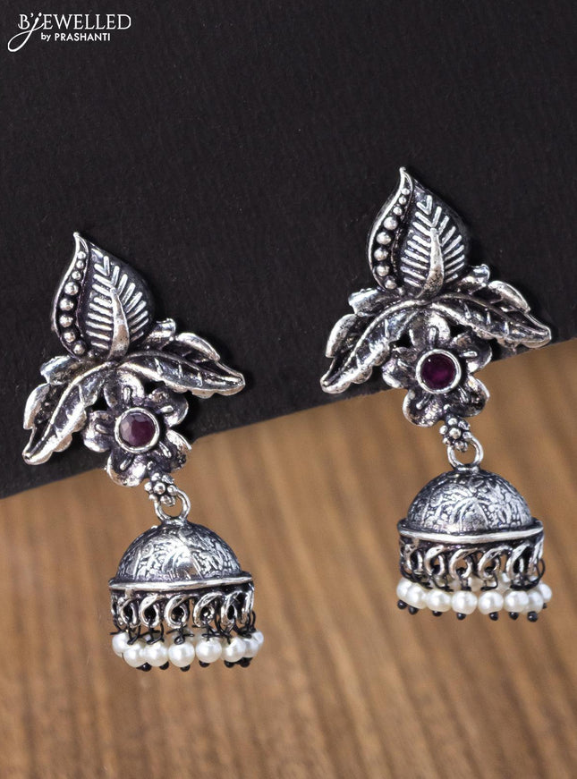 Oxidised jhumka floral & leaf design with pink kemp stones and pearl hangings - {{ collection.title }} by Prashanti Sarees