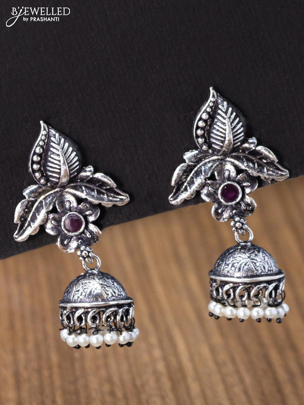 Oxidised jhumka floral & leaf design with pink kemp stones and pearl hangings - {{ collection.title }} by Prashanti Sarees