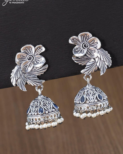 Oxidised jhumka floral & leaf design with sapphire stones and pearl hangings - {{ collection.title }} by Prashanti Sarees