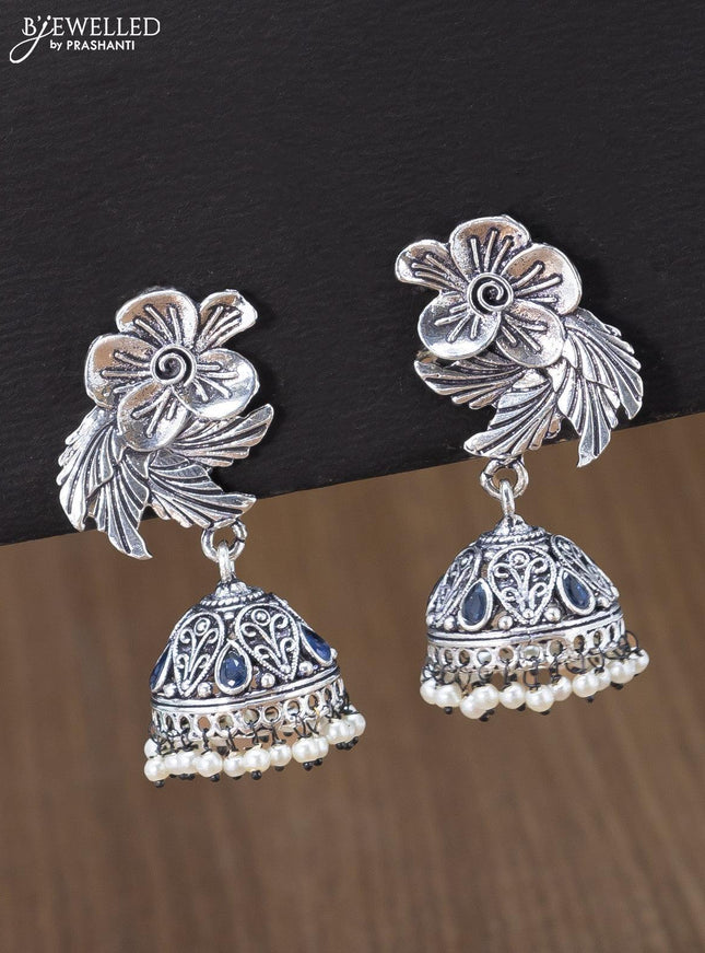Oxidised jhumka floral & leaf design with sapphire stones and pearl hangings - {{ collection.title }} by Prashanti Sarees