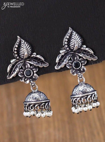 Oxidised jhumka floral & leaf design with sapphire stones and pearl hangings - {{ collection.title }} by Prashanti Sarees